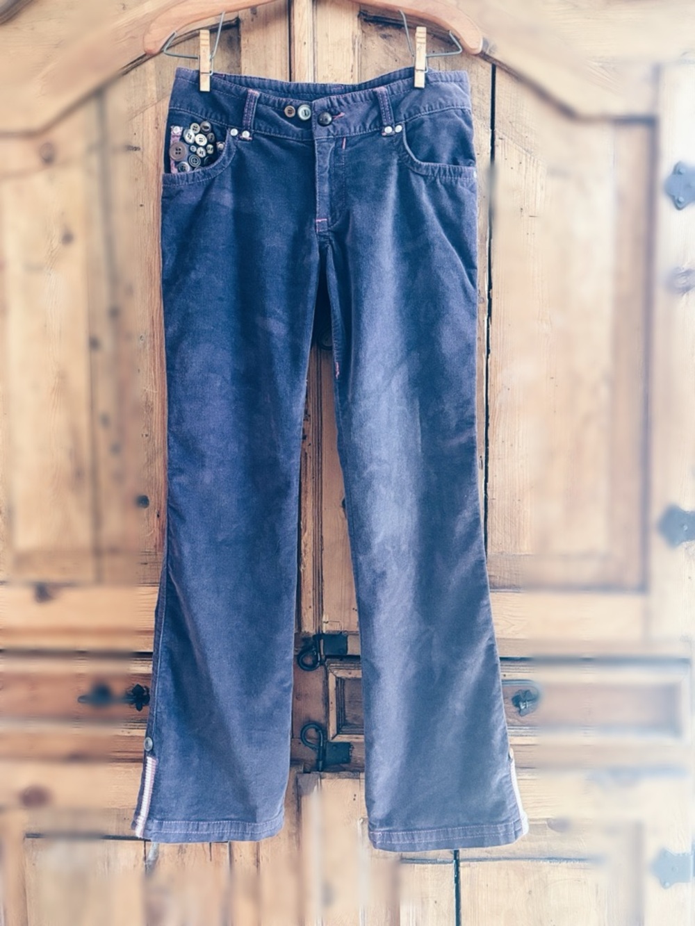 OOAK Artisan Repurposed Rocawear Plum Corduroy Flare Pants Vintage Buttons - Picture 3 of 13